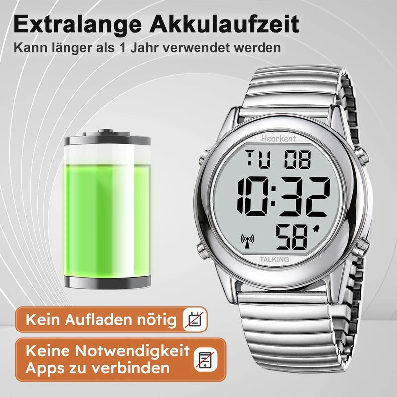 Hearkent Talking Clock Visually Impaired Radio-Controlled Clock German Voice LCD Large Number Easy to Read Senior Watch for Seniors Blind Clock, silver, Bracelet