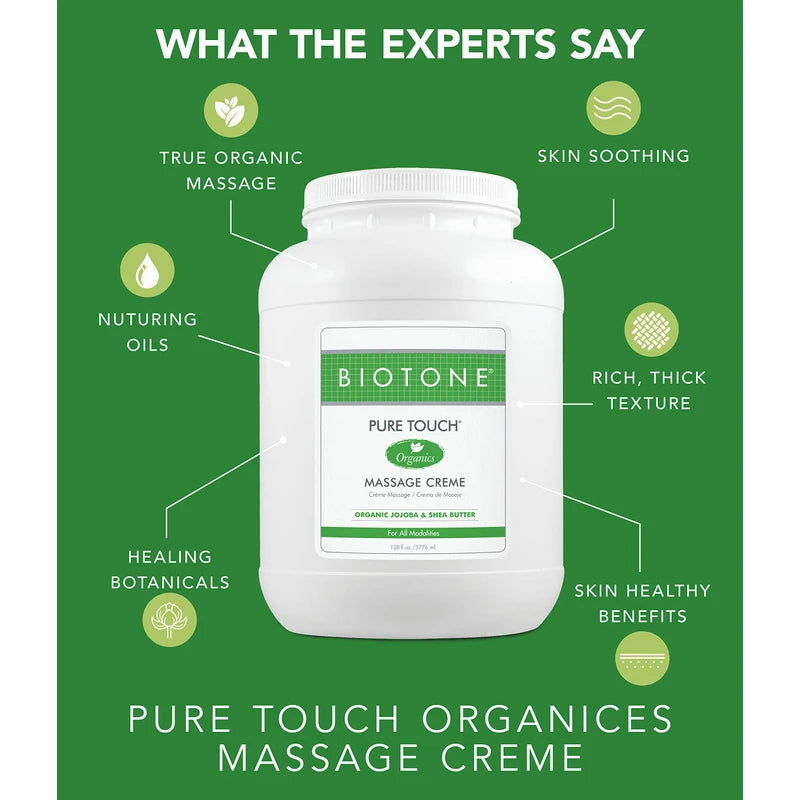 BIOTONE Pure Touch Organics Massage Crème, True Organic Massage, Rich Texture, Silky Glide, Soothing Ingredients, Healing Botanicals - 7 Ounce