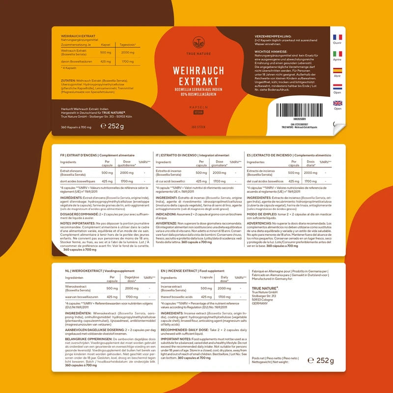 Frankincense Capsules High Dose - 2000 mg Extract per Day - 360 Capsules - Indian Boswellia Serrata - 85% Boswellic Acid - Vegan, German Production - TRUE NATURE