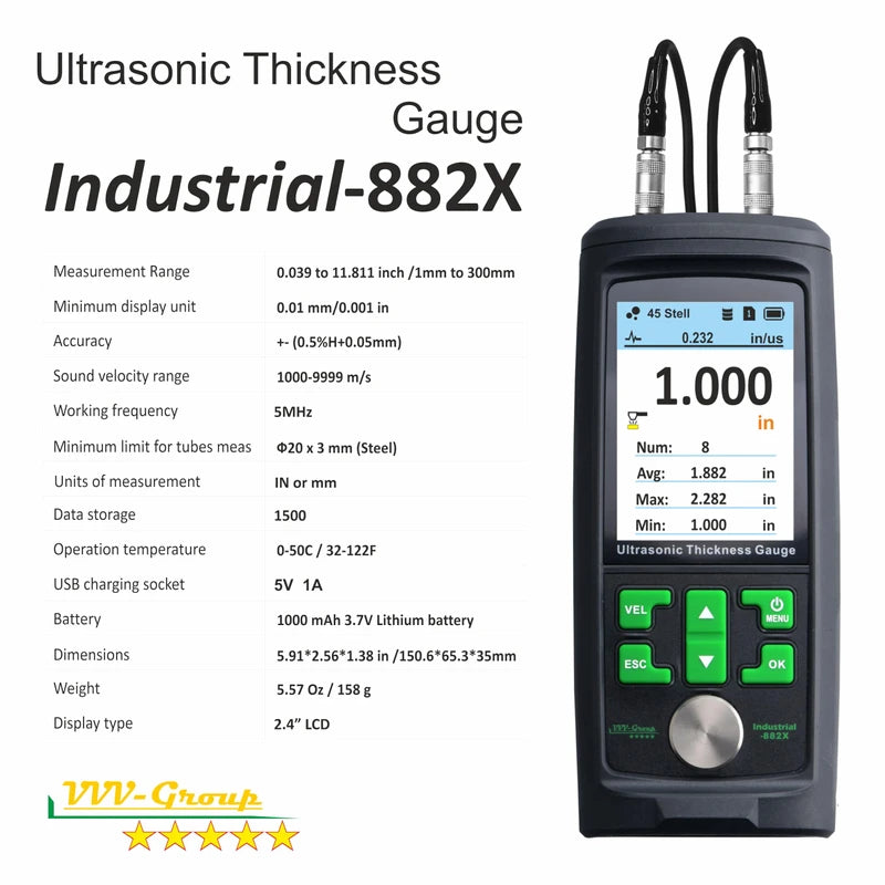 Ultrasonic Thickness Gauge Industrial-882X / Steel, Metals, Plastic, Glass, PVC, Pipes Thickness Gauge Meter – Range 0.039 to 11.811 inch (1-300mm) | Color LCD (All Material)