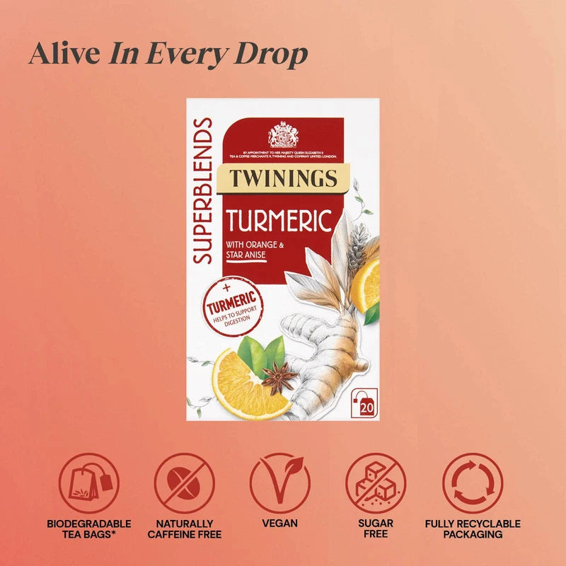 Twining Superblends Turmeric Tea - Orange & Star Anise Herbal Tea Infusion, Digestion Support After Meals, 80 x Biodegradable Tea Bags