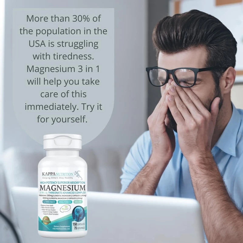 (150 Capsules), 2,253mg Per Serving, Providing 420mg Elemental Magnesium, L-Threonate, Bisglycinate Chelate, Malate, for Brain, Sleep, Stress, Cramps, Headaches, Energy, Heart from Kappa Nutrition.