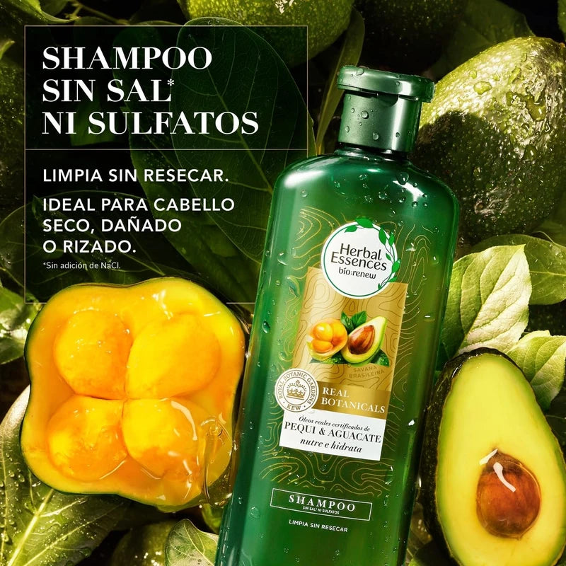 HERBAL ESSENCES Bio:Renew, Shampoo sin sulfatos ni parabenos para cabello seco, maltratado y/o rizado Nutre e Hidrata Pequi & Aguacate 400 ml