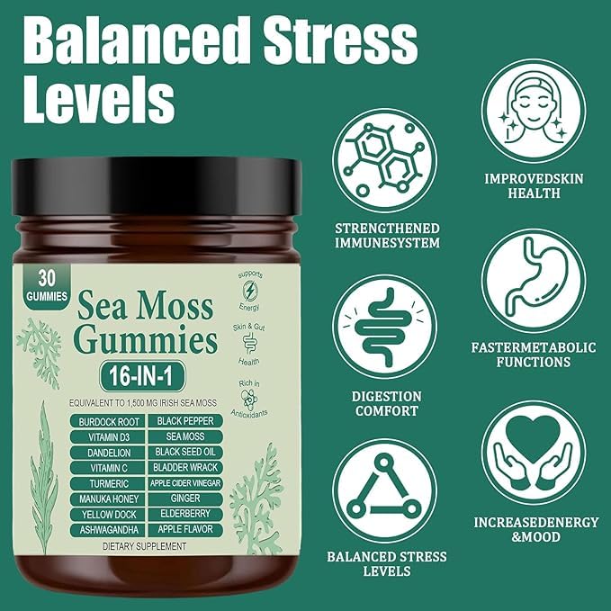 Yrefdmo Sea Moss Gummies 16-in-1 | Irish Seamoss Gummies for Women Men with Black Seed Oil & Ashwagandha & Burdock & Bladderwrack | Boosts Immune Support, Skin Health and Digestion | 30 Gummies