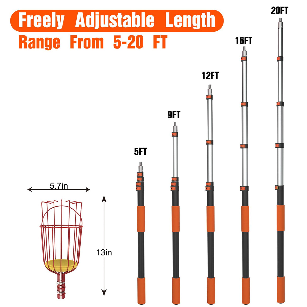 LAANPOLE 26FT Reach Fruit Picker Pole with Basket Telescoping, Apple Picker with 5-20FT Telescoping Pole for Apple Orange Lemon Mango Avocado Guava Fruit Picking