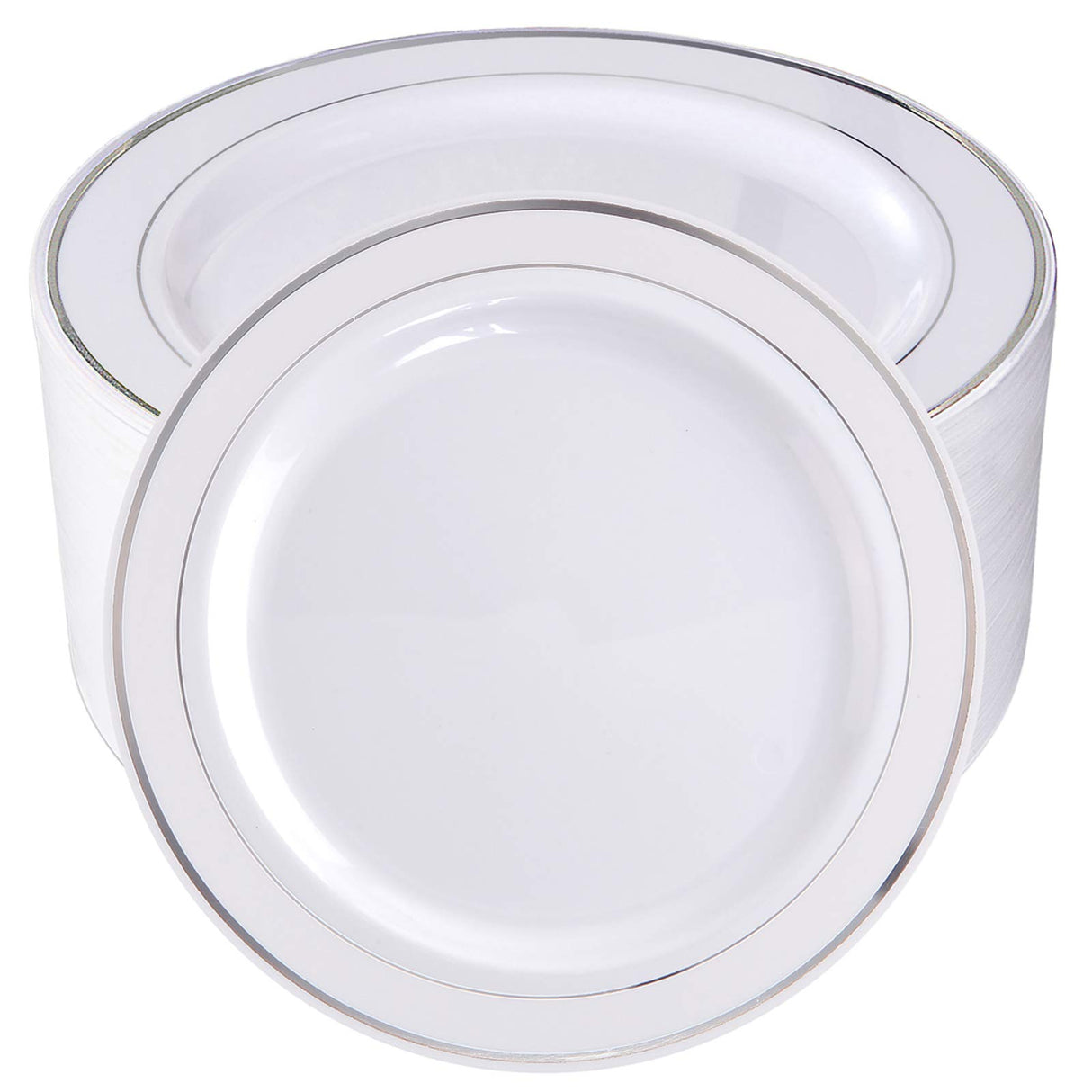 bUCLA 100Pieces Silver Plastic Plates - 10.25inch Silver Rim Disposable Dinner Plates - Ideal for Weddings, Parties & Christmas