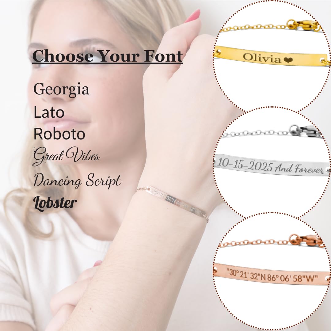 Jexiva Personalized Name Engraved Bar Bracelet for Women/Men – PVD Plated Stainless Steel – Custom ID Tag – Adjustable Chain – Double Side Engraving – Gift for Birthday, Anniversary