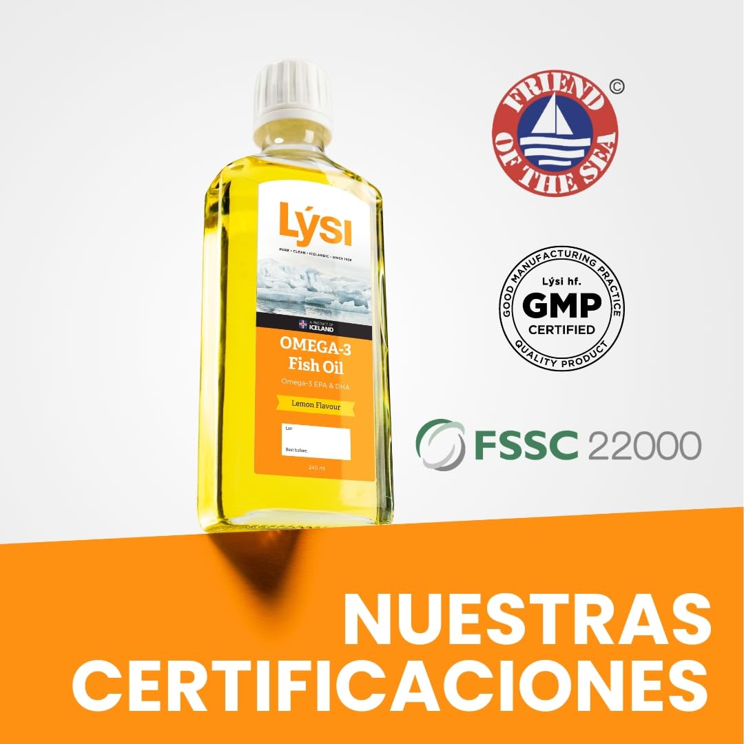 LÝSI, Omega 3 en Aceite de pescado, Mezcla de diferentes pescados, Sabor limón, Para toda la familia y embarazadas, Sin gluten y azúcar, 240 ml.