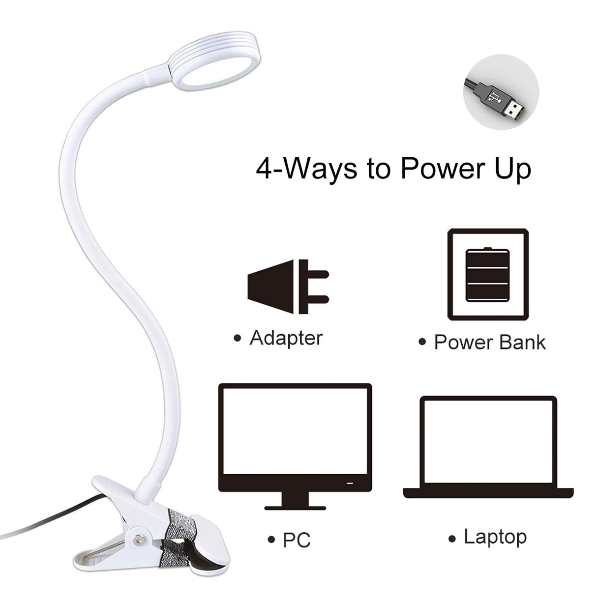 LEPOWER Clip on Light/Reading Lights/Book Light Color Changeable/Night Lights Clip on for Desk, Bed Headboard and Computers, Adapter Included (White)
