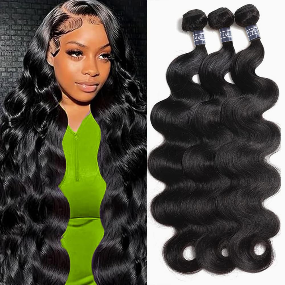 Amella Hair 100% Unprocessed Virgin Brazilian Human Hair Brazilian Body Wave 3 Bundles (18 20 22,300g) Hair Extensions Grade 8A Remy Human Hair Bundles Natural Black Color