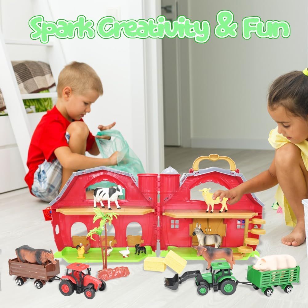 BOLZRA Farm Animals Big Red Barn Toy for 1 2 3 4 5 Years Old Toddlers, Kids Farm Figures Fence Playset with Tractor, Preschool Montessori Learning Toys, Christmas Birthday Easter Gift for Boys Girls