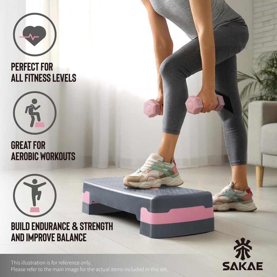 Aerobic Stepper Set with Dumbbells & Measuring Tape, Adjustable Height 2 Level Risers Workout Exercise Step Platform, Pink Grey, the Ultimate Gift for a Joyful Holiday and Merry Christmas
