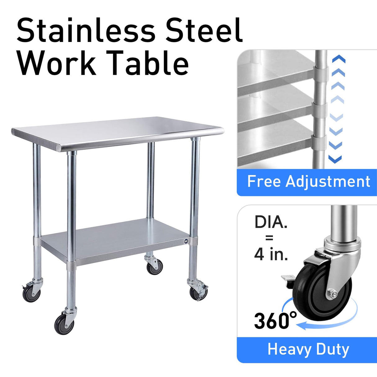 ROCKPOINT Stainless Steel Table for Prep & Work with Caster Wheels 24x48 Inches, NSF Metal Commercial Kitchen Heavy Duty Table with Adjustable Under Shelf and Table Foot for Restaurant, Home and Hotel