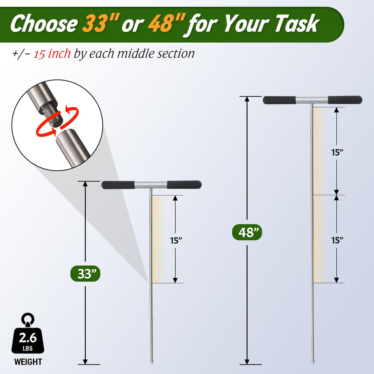 Soil Probe Rod, 33"-48" Septic Tank Locator Tool, Stainless Steel Probing Rod, Ground Probe Rod with T Handle, Ground Rod Tool for Soil Compaction, Gardening, Locating Underground Pipes & Gopher Runs