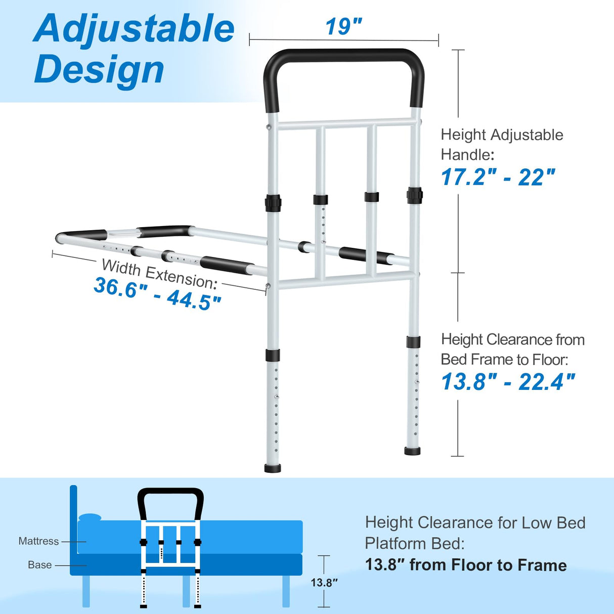 KingPavonini Bed Rails for Elderly Adults Safety, with Motion Light & Storage Pouch, FSA/HSA Eligible 400LBS Robust Bed Assist Rail with Support Legs for Seniors & Surgical Patients,Tool-Free Assembly
