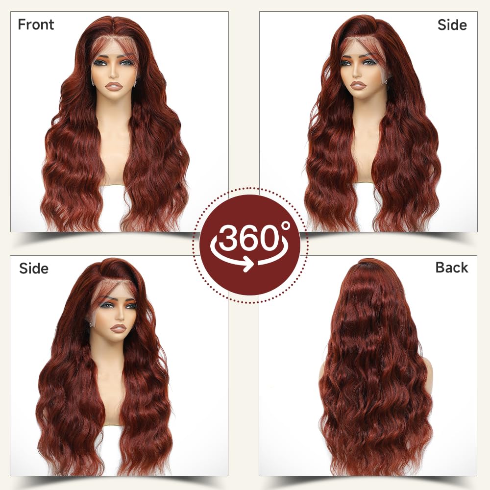 KEKEYY Reddish Brown Lace Front Wigs 28 Inch Pre-Plucked 200% Density Body Wave HD Lace Lace Frontal Wig with Baby Hair Glueless Wigs