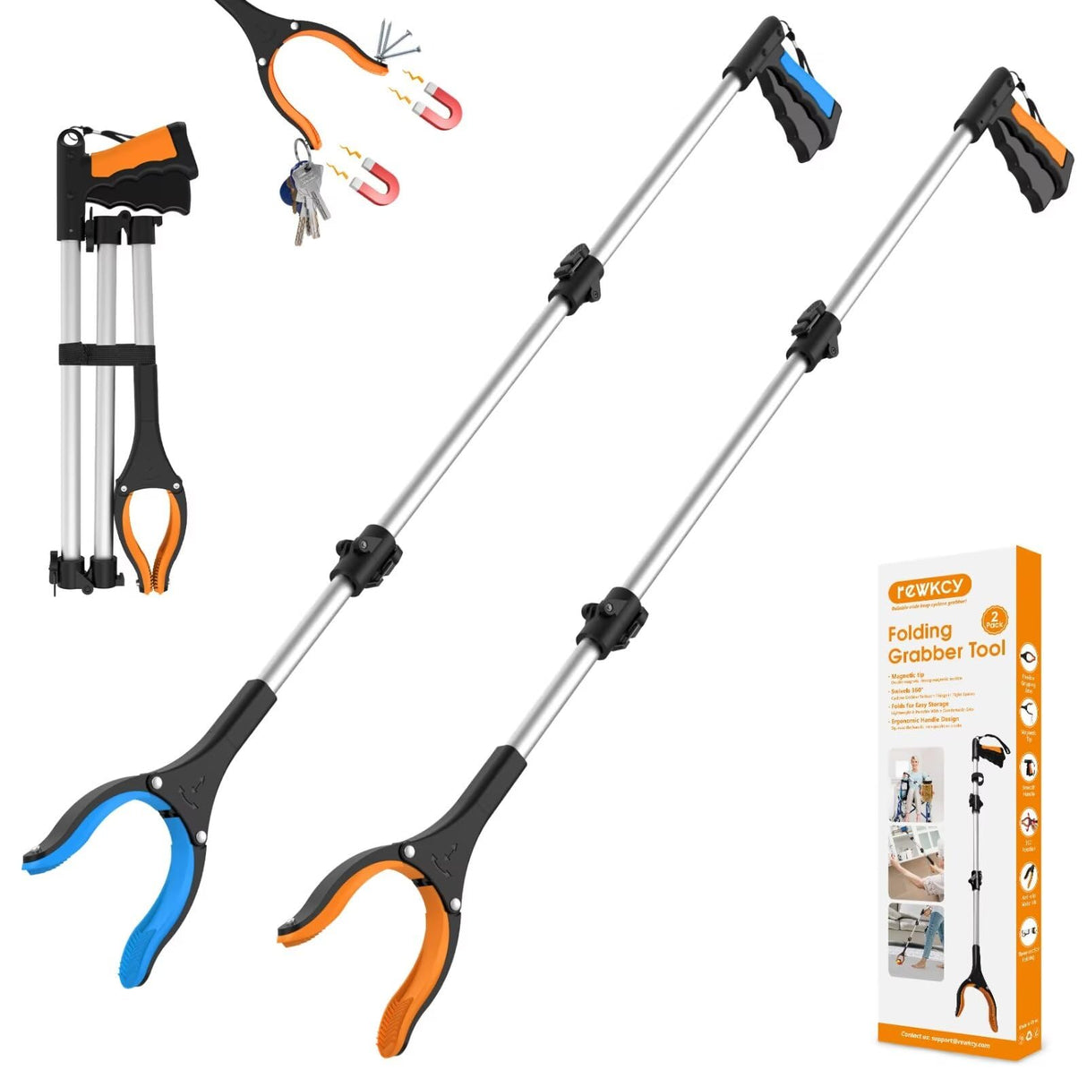 2-Pack 43" Extra Long Grabber Reacher Tool, Foldable Reacher Grabber Pickup Tool with 360° Rotating Jaw + Magnets, 4" Wide Claw Opening Trash Picker Upper Grabber, Grabbers for Seniors Heavy Duty