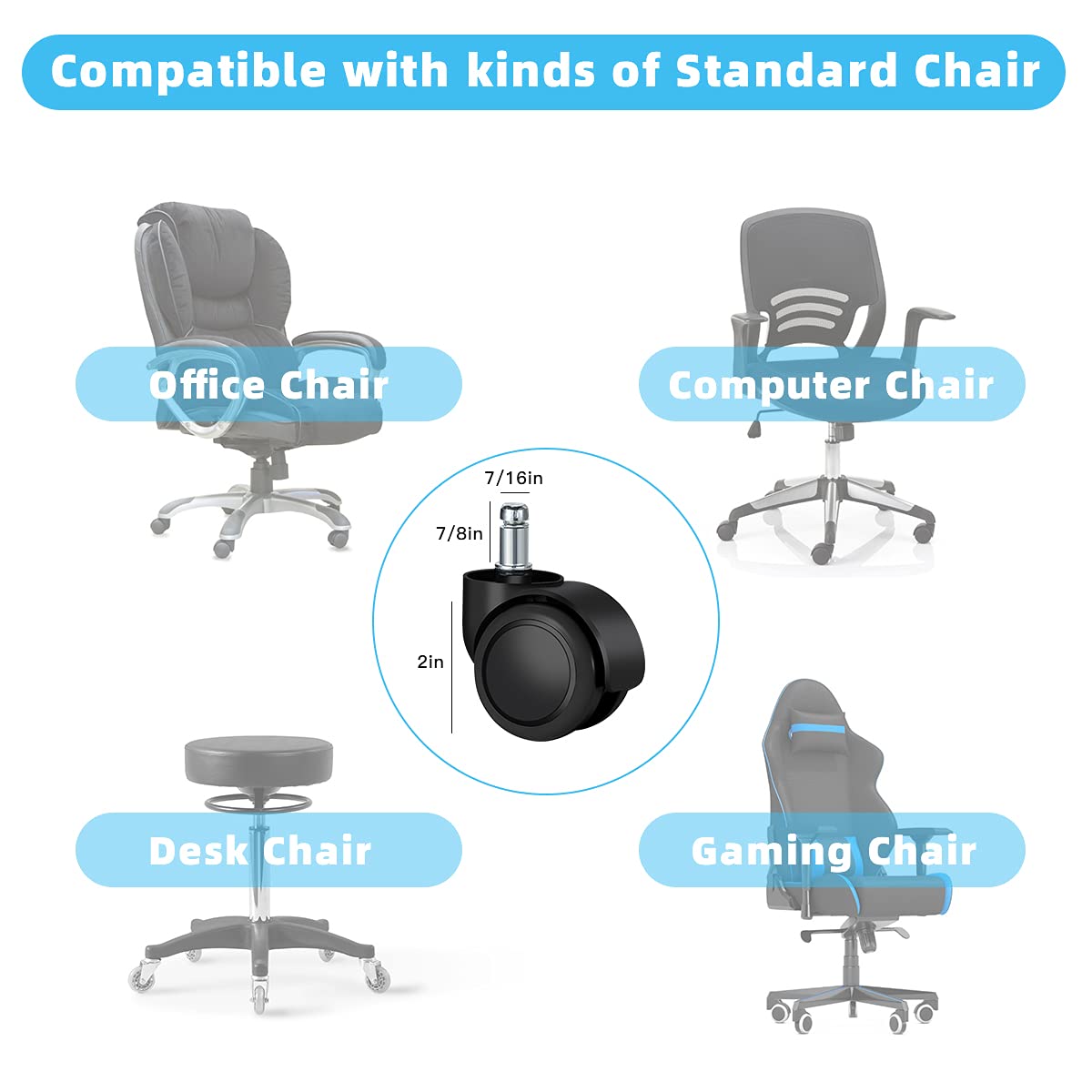 Office Chair Caster Wheels Replacement(Set of 5) for Hardwood Floors and Carpet- Heavy Duty Caster Support up to 1000bls, Office Chair Wheels,2 inch,Universal Size (Black)