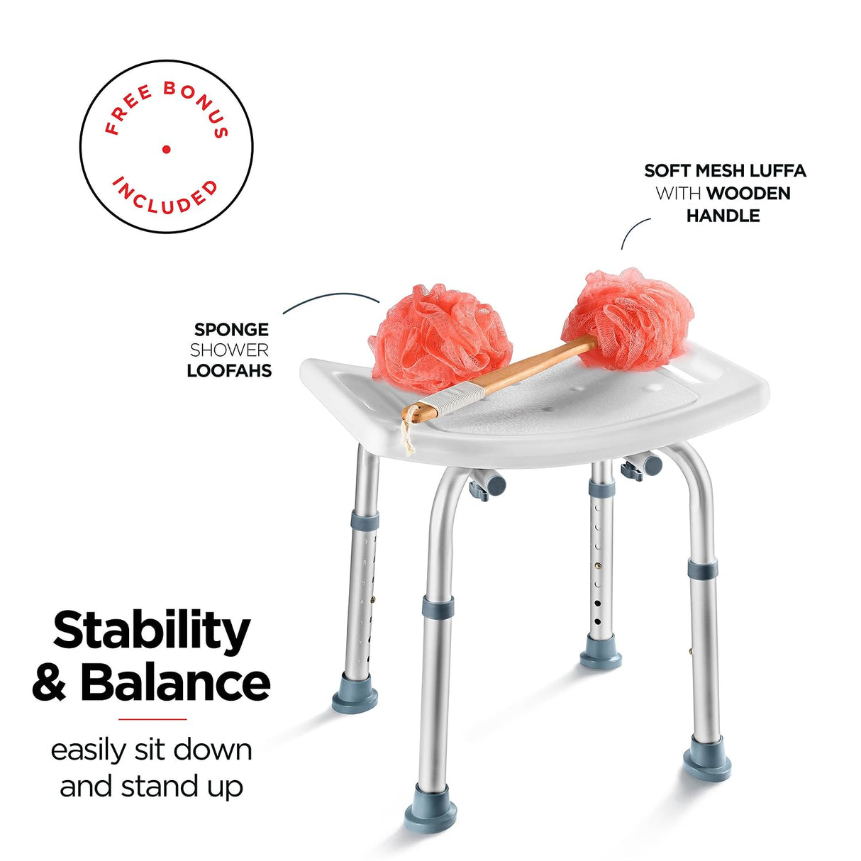Medical king Shower Chair - with Back Scrubber & Additional Sponge - Tool Free Shower Chair for Elderly - with 8 Adjustable Heights - Portable Anti Slip Bath Chair for Elderly