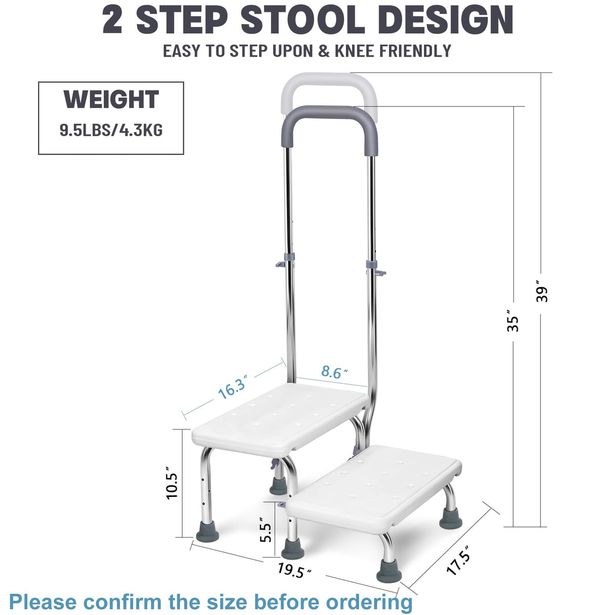 2 Step Stool with Handle for Elderly - Non-Slip Bedside Steps with Adjustable Handrail (450 lbs Capacity)