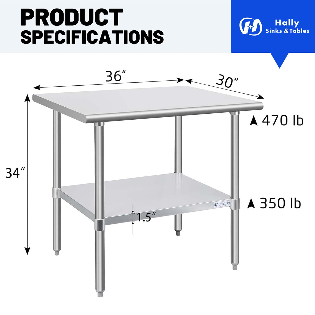 Hally Stainless Steel Table for Prep & Work 30 x 36 Inches, NSF Commercial Heavy Duty Table with Undershelf and Galvanized Legs for Restaurant, Home and Hotel