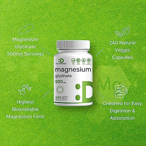 Magnesium Glycinate 500mg, 240 Veggie Capsules | Chelated | Highly Purified Essential Trace Mineral for Muscle, Joint, Heart, & Digestive Health