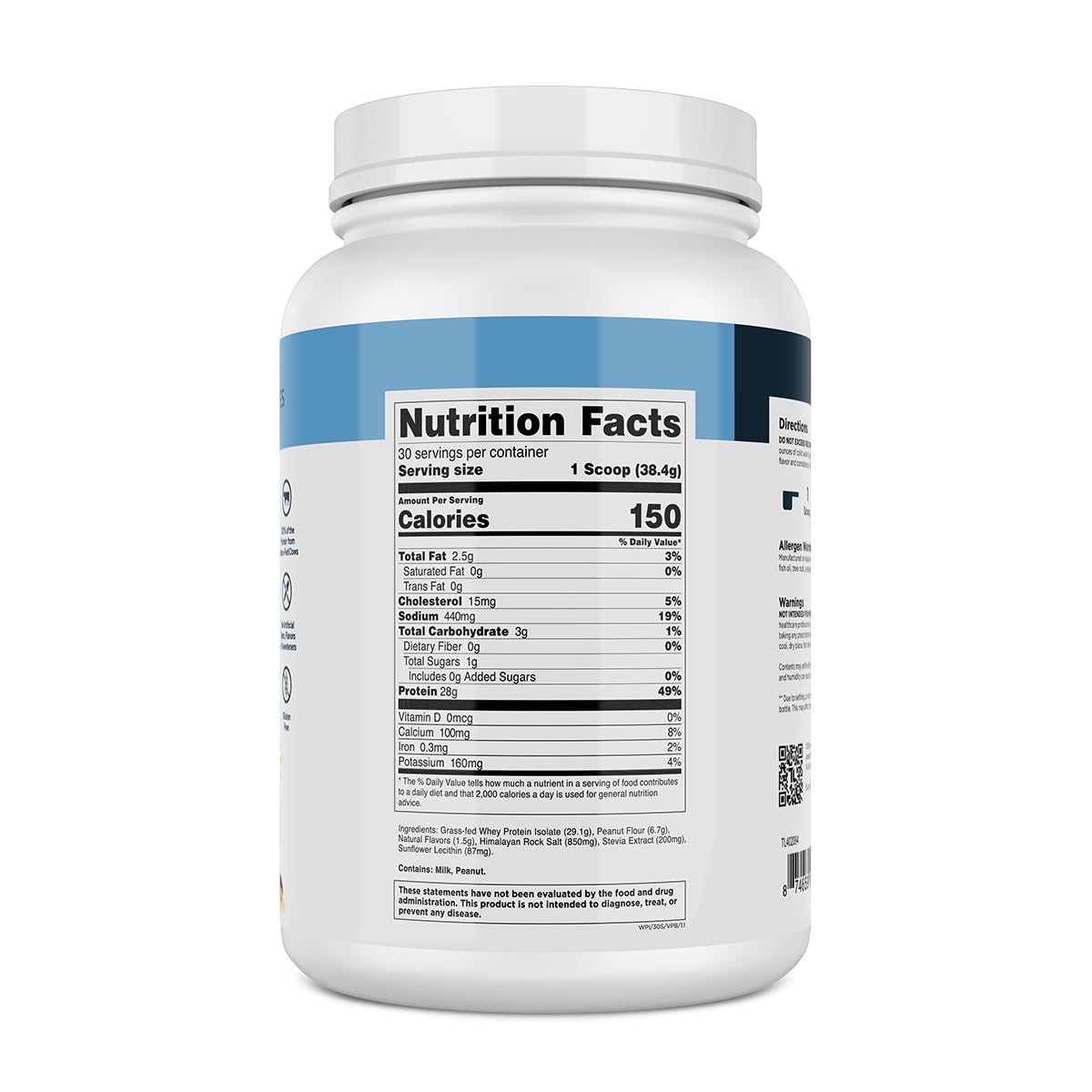 Transparent Labs Grass-Fed Whey Protein Isolate - Naturally Flavored, Gluten Free Whey Protein Powder with 28g of Protein per Serving & 9 Amino Acids - 30 Servings, Vanilla Peanut Butter