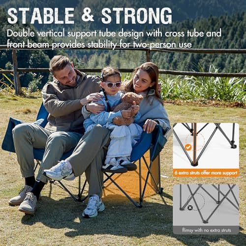 PORTAL Double Camping Chair Sofa 2 Person Loveseat Folding Thicken Camp Chair for Adults with Cup Holder, Outdoors Lawn Camp Soccer Sports, Support 600 lbs (Blue)