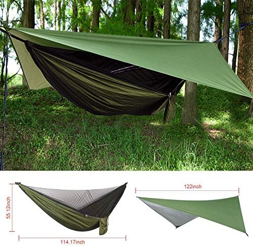 Camping Hammock with Rain Fly Tarp and Mosquito Net Tent Tree Straps, Portable Single Double Nylon Parachute Hammock Rainfly Set for Backpacking Hiking Travel Yard Outdoor Activities Green
