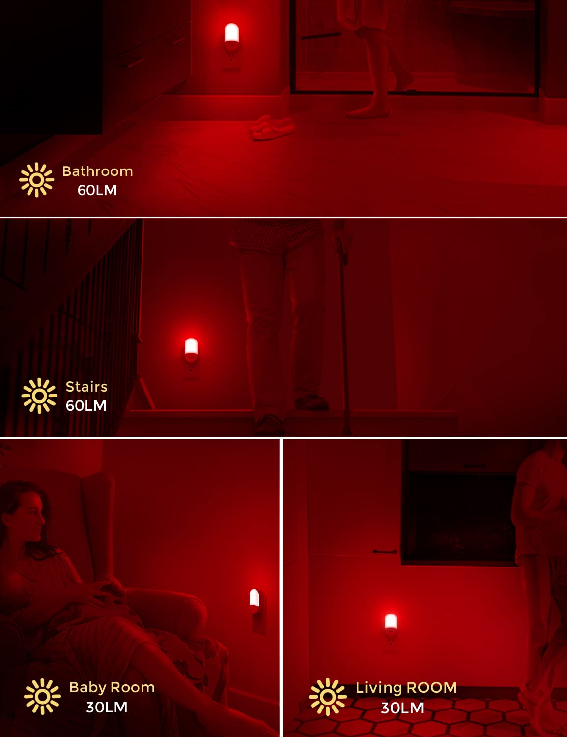 L LOHAS LED Red Night Light Plug in, Motion Sensor Night Light for Kids, 30/60LM, Red Nightlight, Motion Activated Night Lights for Bathroom, Hallway, Holiday Christmas Decoration, 2 Pack