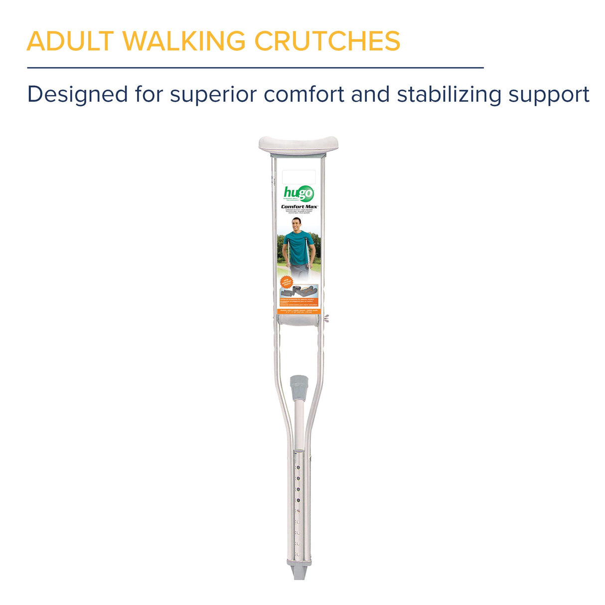 Hugo Mobility Adjustable Adult Crutches For Walking, Walking Crutches, Comfortable Lightweight Crutches with Underarm Pad and Hand Grip, For Users 52 to 60 Inches