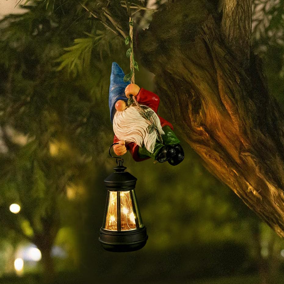 WONDHOME Solar Hanging Gnome Garden Statue Climbing Rope Gnome with LED Lantern Outdoor Decor Tree Hugger Yard Porch Wall Decoration Christmas Thanksgiving Birthday Gardening Gift for Mom Women