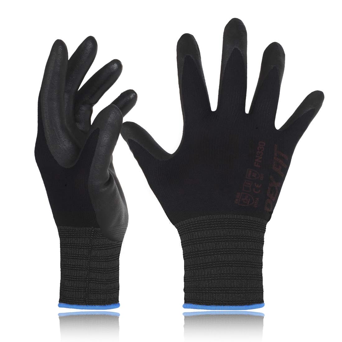 DEX FIT Nitrile Work Gloves FN330, 3D-Comfort Stretchy Fit, Firm Grip, Thin & Lightweight, Touch-Screen Compatible, Durable, Breathable & Cool, Machine Washable; Black XS (6) 12 Pairs