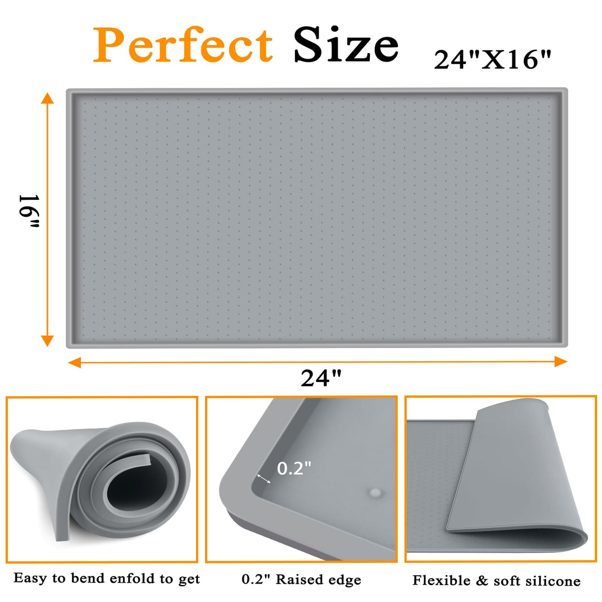 Water Cooler Mat, 24'' x 16'' Non-Slip Water Dispenser Mat with Raised Edge, Waters Cooler Floor Tray for Bedrooms, Kitchens, Offices, Bars, Easy to Clean, Grey
