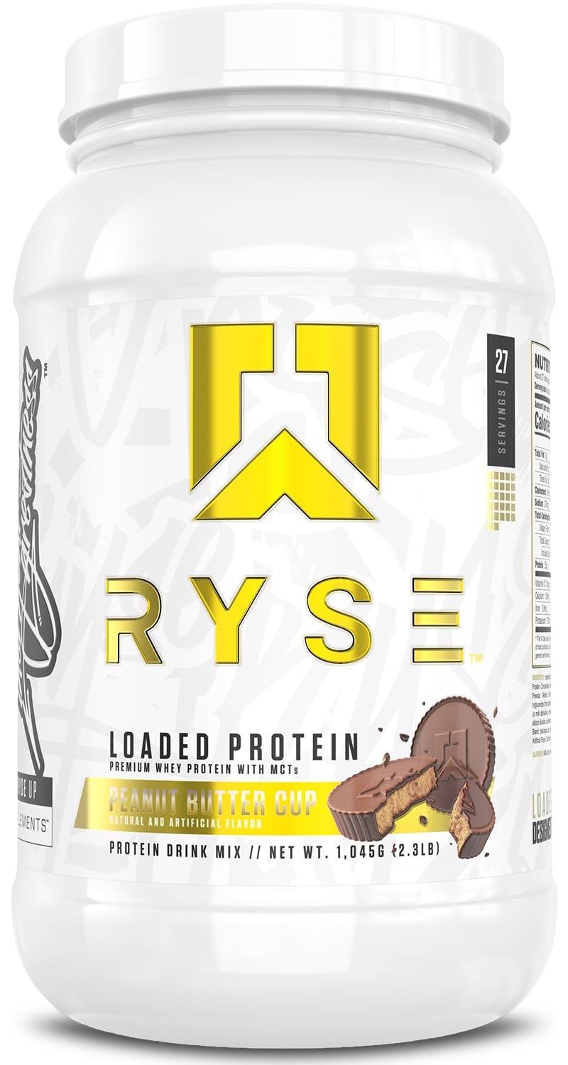 RYSE Loaded Protein Powder - Peanut Butter Cup - 25g Whey Protein Isolate & Concentrate with Prebiotic Fiber & MCTs - Low Carb, Low Sugar, Digestive-Friendly - 27 Servings / 2 lb Tub