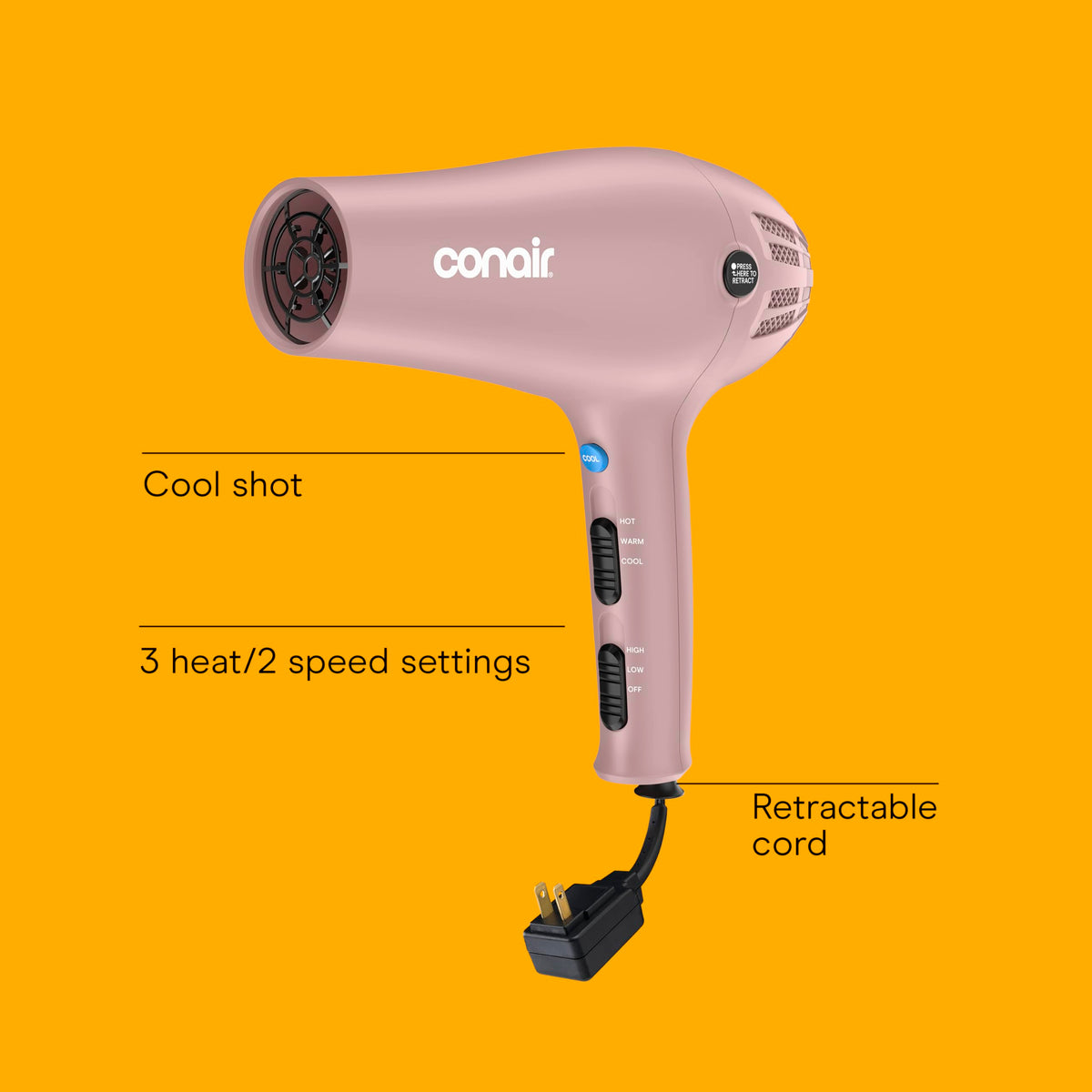 Conair Hair Dryer with Diffuser & Concentrator, 1875W, Matte Light Pink