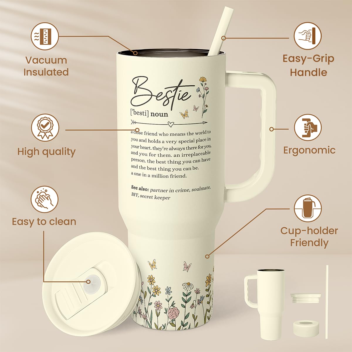 Best Friend Tumbler with Handle 40oz, Bestie Cups for Women Stainless Steel Coffee Travel Tumblers with Straw, Bestie Gifts for Female Friends BFF, Friendship Gift for Birthday Christmas Valentines