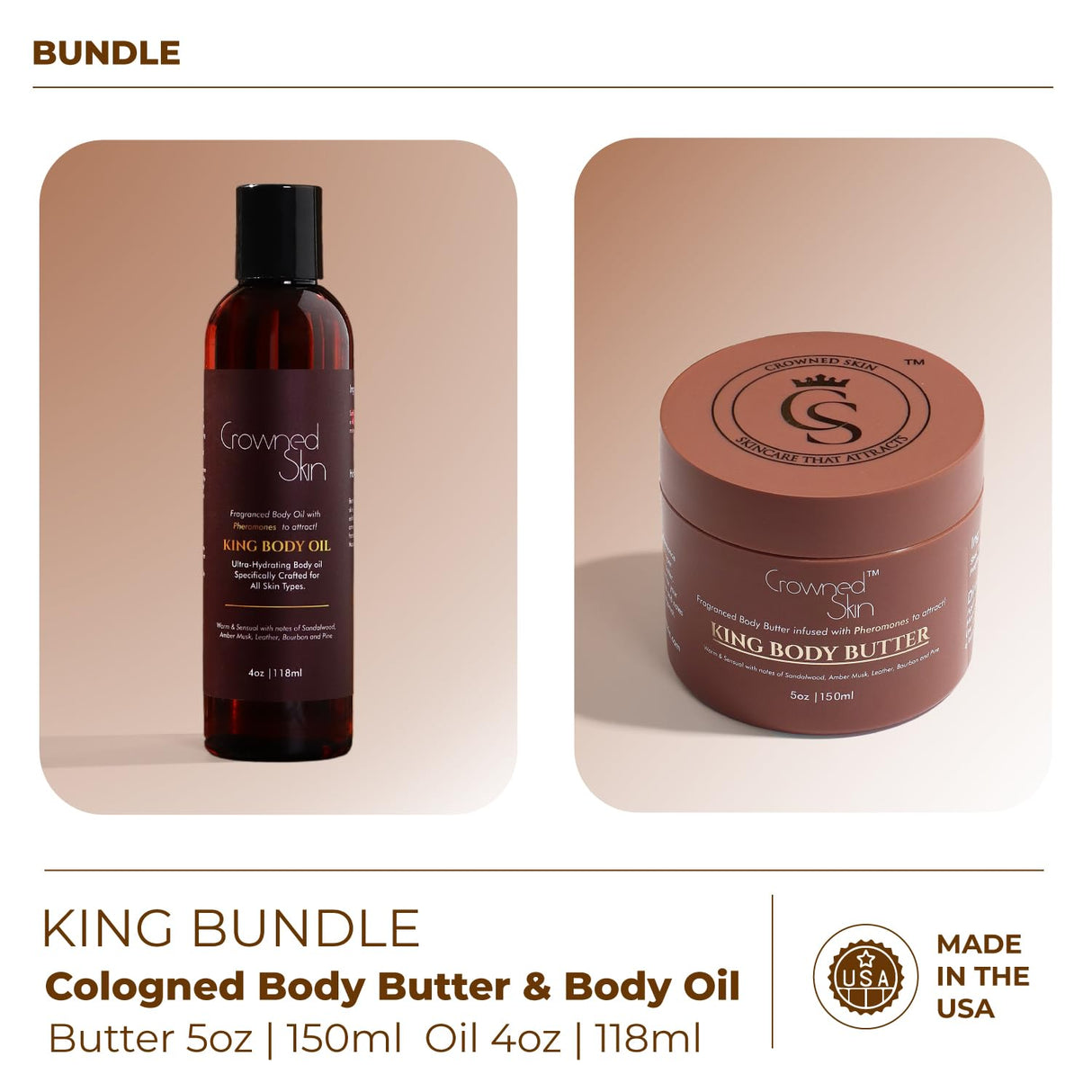 Crowned Skin King Cologned Body Butter and Body Oil Bundle | Warm and Sensual Sandalwood & Leather Scent | Infused with Organic Shea & Mango Butters | Moisturizing Formula with All-Day Fragrance