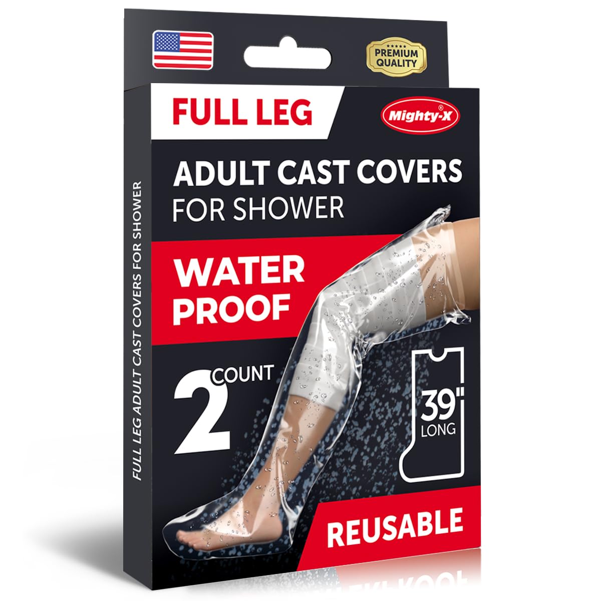 100% Waterproof Cast Covers for Shower Leg - Tight Seal - 2pk Reusable Adult Full Leg Cast Protectors - Thigh, Knee, Ankle, Foot - Strong and Durable