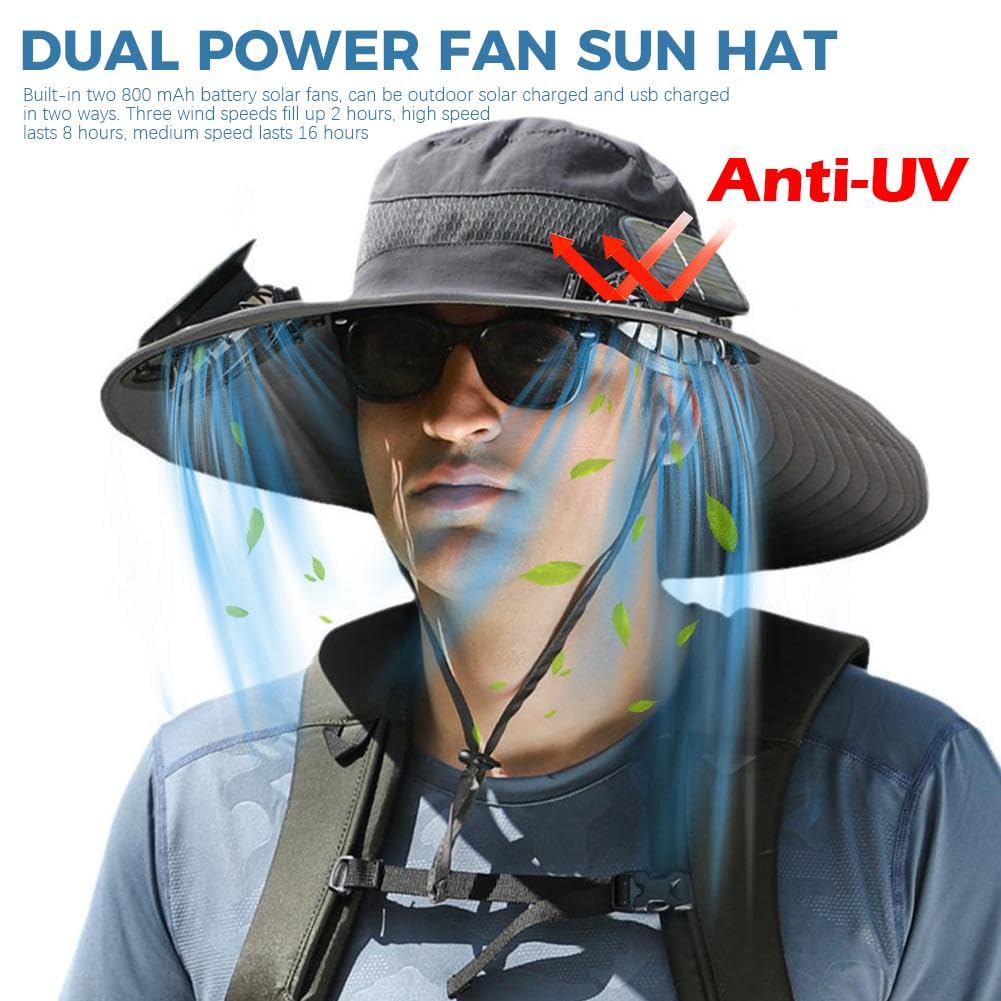 Upgrade Solar Fan Hat,2025 New Outdoor Wide Brim Sun Hat with 2 Solar Fan,UPF 50+ Bucket Fishing Beach Hat Fan for Men Women