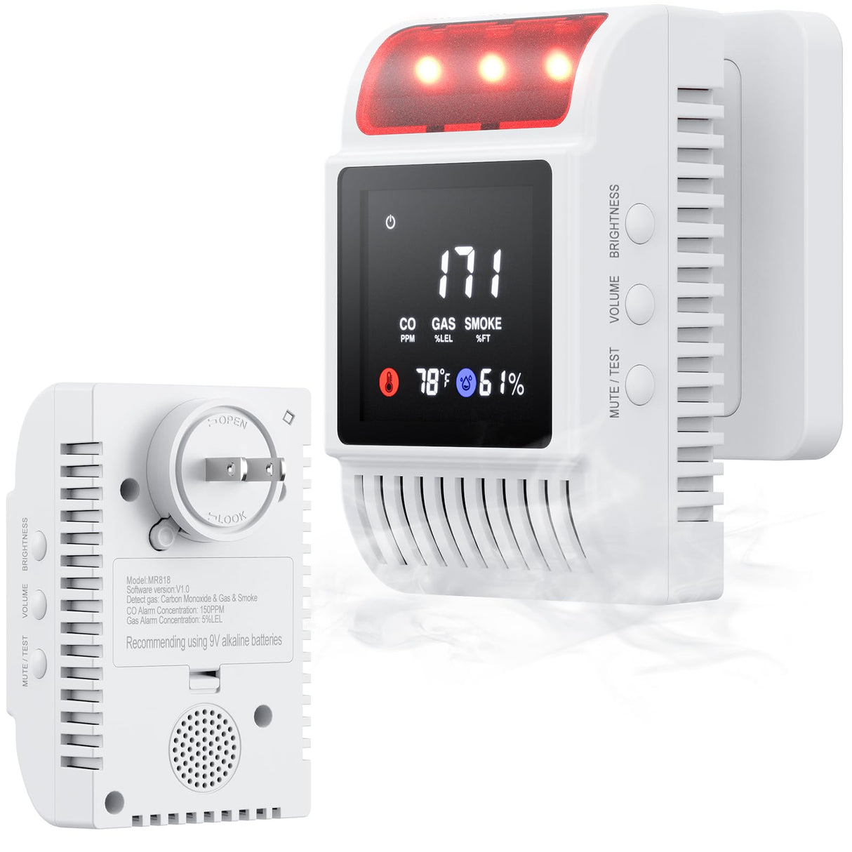 Carbon Monoxide Detectors & Smoke Detector, Gas and Carbon Monoxide Detectors Plug in & Battery Backup with Temperature Humidity Detection, Adjustable Sound & Brightness for Home/RV/Travel/Camping