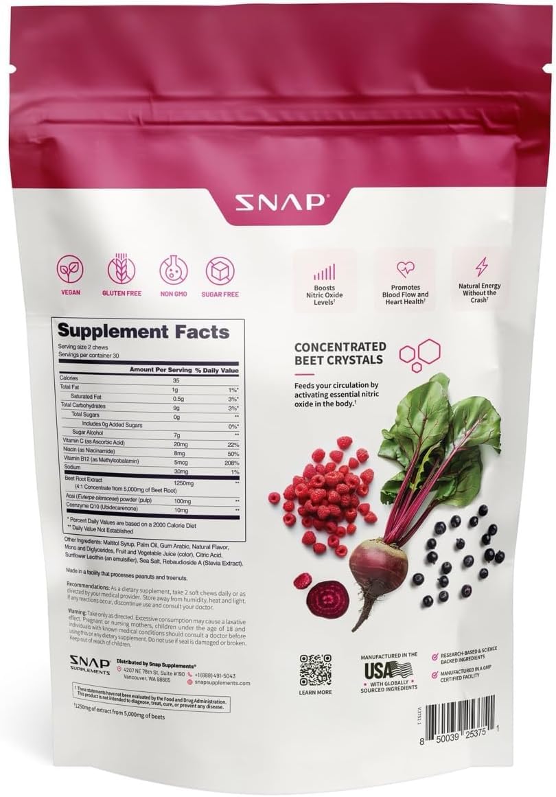 Snap Supplements USDA Organic Beet Root Powder, 3-in-1 Nitric Oxide Supplement, Support Healthy Blood Pressure and Blood Circulation, 250g (60 Servings (Pack of 1), Mixed Berry (Chews))
