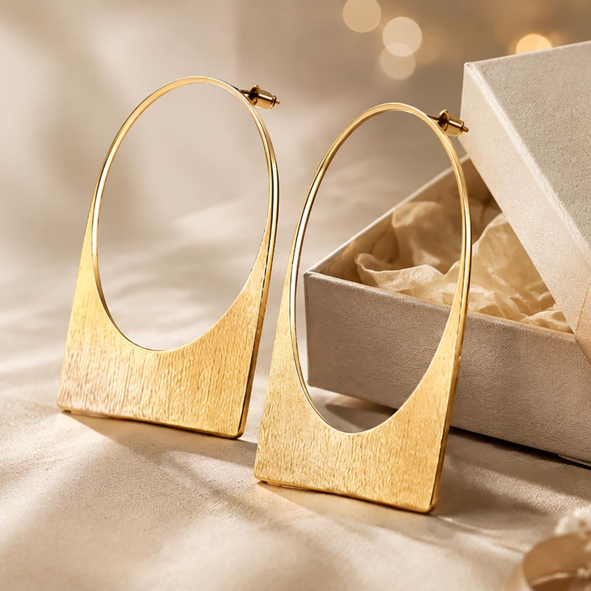 Large Gold Hoop Earrings, 14k Plating Big Chunky Geometric Hollow Brushed Metal Sheet Drop Dangle Huggie Studs Womens Statement Jewelry Gift (Hollow Gold)