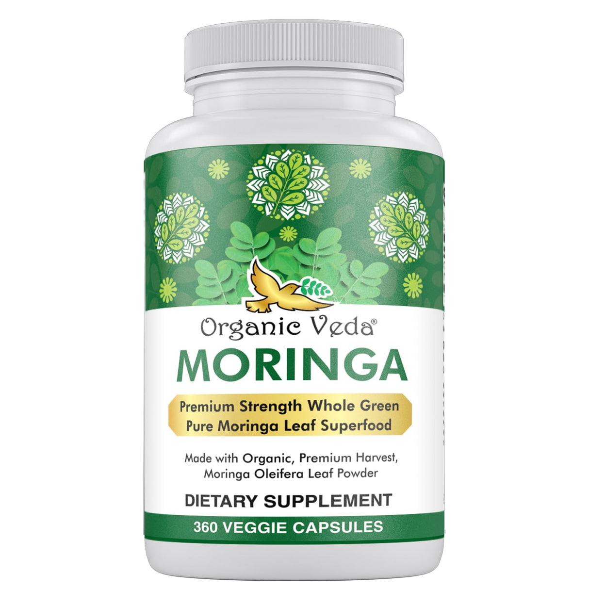 Organic Veda Moringa Leaf Powder Capsules, 1000mg, 360 Count - True Green Native Organic Moringa Oleifera, Premium Strength Nutrient Dense 100% Pure Leaves - Energy, Sleep & Immunity Support - Vegan