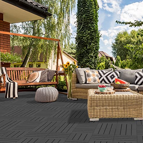 Goovilla Plastic Interlocking Deck Tiles, 9 Pack , 12"x12" Waterproof Outdoor Flooring All Weather Use, Patio Floor Decking Tiles for Porch Poolside Balcony Backyard, Dark Grey