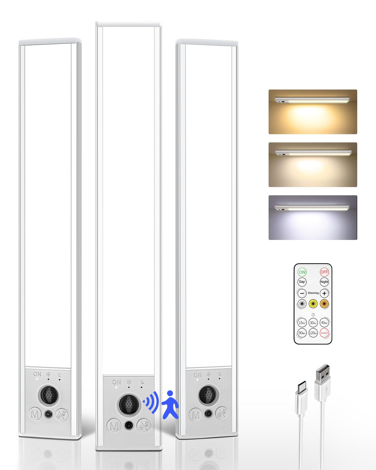 EZVALO 3-Pack Under Cabinet Lighting, 2400mAh Rechargeable Motion Sensor Light, 10inch Magnetic Closet Lights with Dimmable & 3 Color Temps, Wireless Motion Activated Lights with Remote for Kitchen