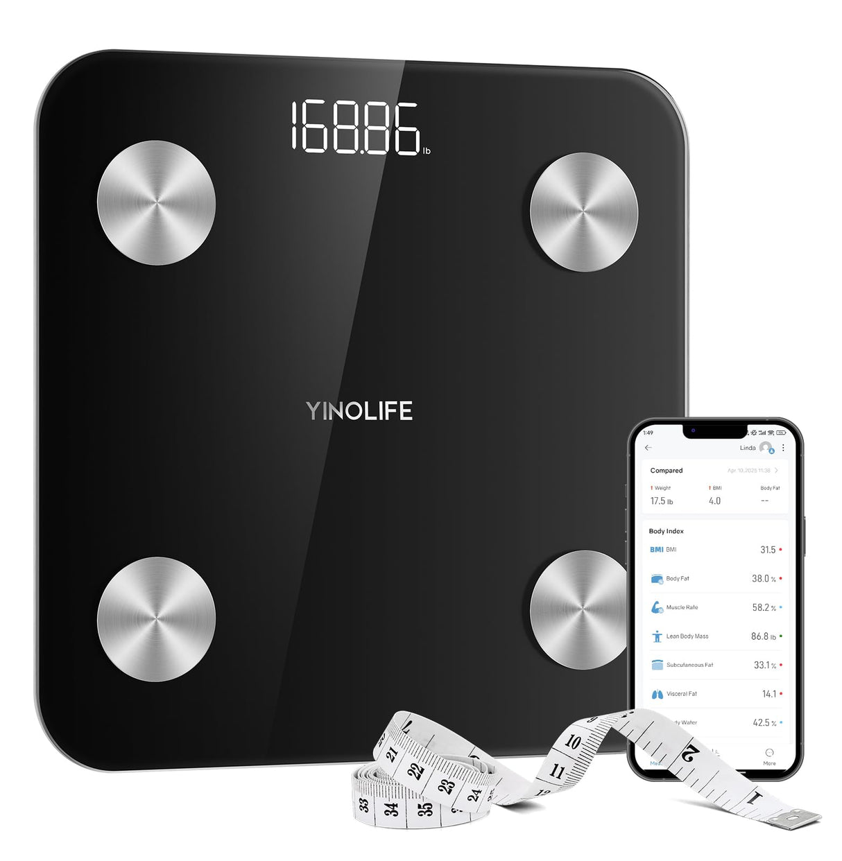 YINOLIFE Scale for Body Weight, Digital Smart Bathroom Weight Scale with BMI, Body Fat, Muscle Mass, Accurate 20 Body Composition Scale, 10.2" Compact Scale with APP, 400lb, Black