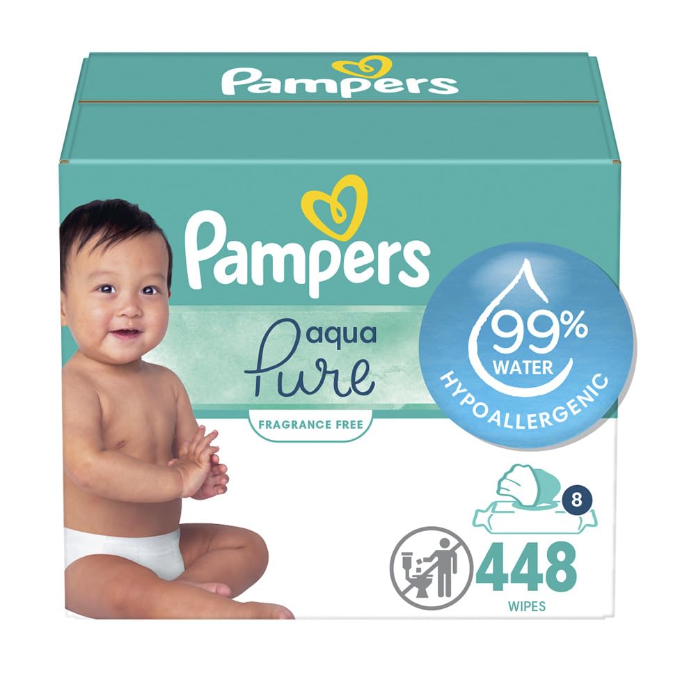 Pampers Baby Wipes Aqua Pure, 99% water-based wipes, Hypoallergenic and Unscented Infant Wipe, 448 Total (8 Flip-Top Packs)