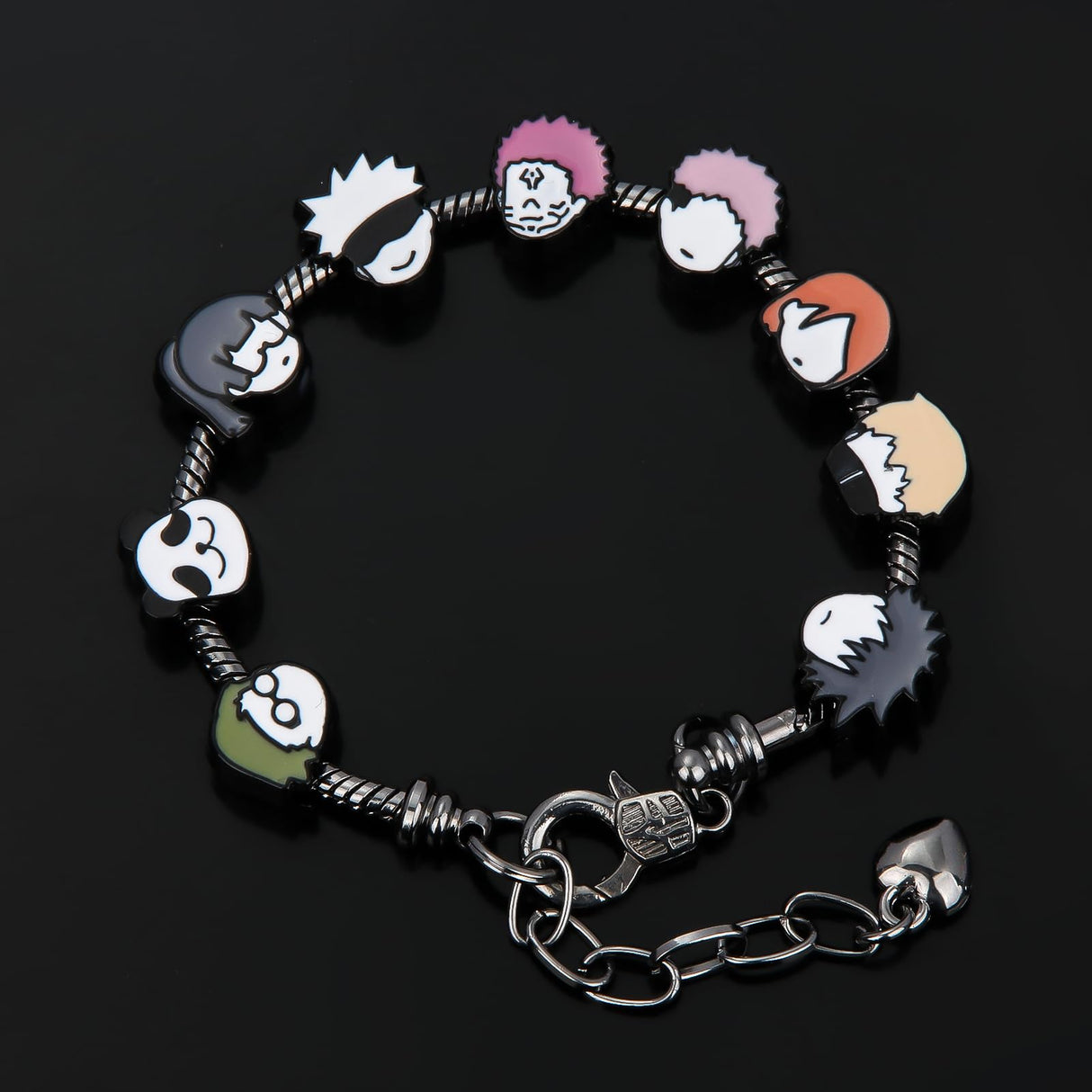 SONGCHANGJEWELRY DIY JJK Charm Bracelet Gifts – 9 Mini Anime Faces in Chibi Style – Gojo, Yuji, Sukuna, Panda & More – Removable Alloy Chain for Fans and Collectors