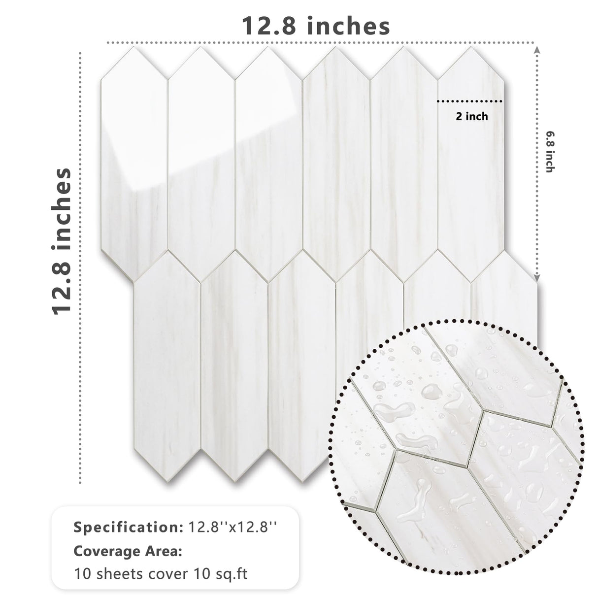 Vamos Tile Glossy Dolomite White Backsplash Tile Peel and Stick, 12.8 x 12.8 Inch 10 Sheets Long Hexagon PVC Self Adhesive Mosaic Wall Tiles Stick on Backsplash for Kitchen and Bathroom